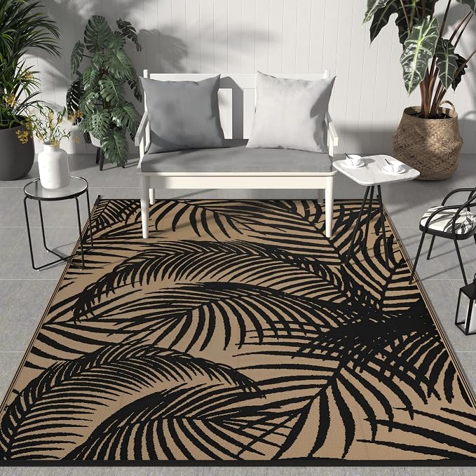 GENIMO Outdoor Rug, Waterproof Plastic Rugs for Patio, 8'x10' Black | Outside Larger Leaf Carpet Mat for Porch Decor, Deck, Balcony, Camping, RV, Backyard, Picnic, Beach, Reversible, Foldable