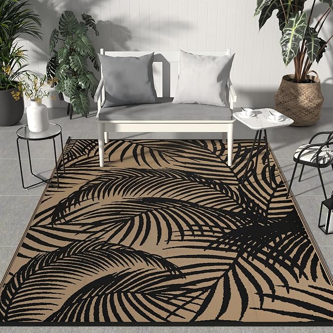 GENIMO Outdoor Rug, Waterproof Plastic Rugs for Patio, 6'x9' Ebony Brown | Outside Larger Leaf Carpet Mat for Porch Decor, Deck, Balcony, Camping, RV, Backyard, Picnic, Beach, Reversible, Foldable