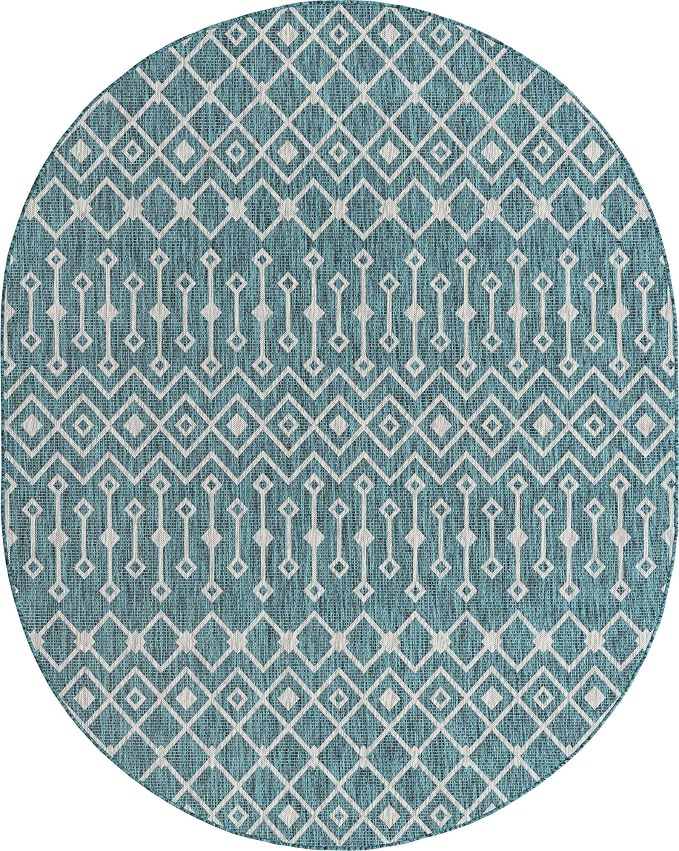 Unique Loom Outdoor Trellis Collection Area Rug - Tribal Trellis (7' 10" x 10' Oval, Teal/ Ivory)