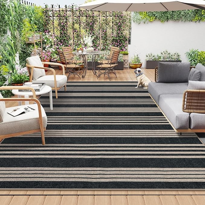 Lahome Striped Easy Jute Living Room Rug, 8x10 Outdoor Patio Rugs Washable | Black Indoor Dining Room Area Rug, Modern Farmhouse Geometric Non Slip Non Shedding Carpet for Deck Office Backyard Mudroom
