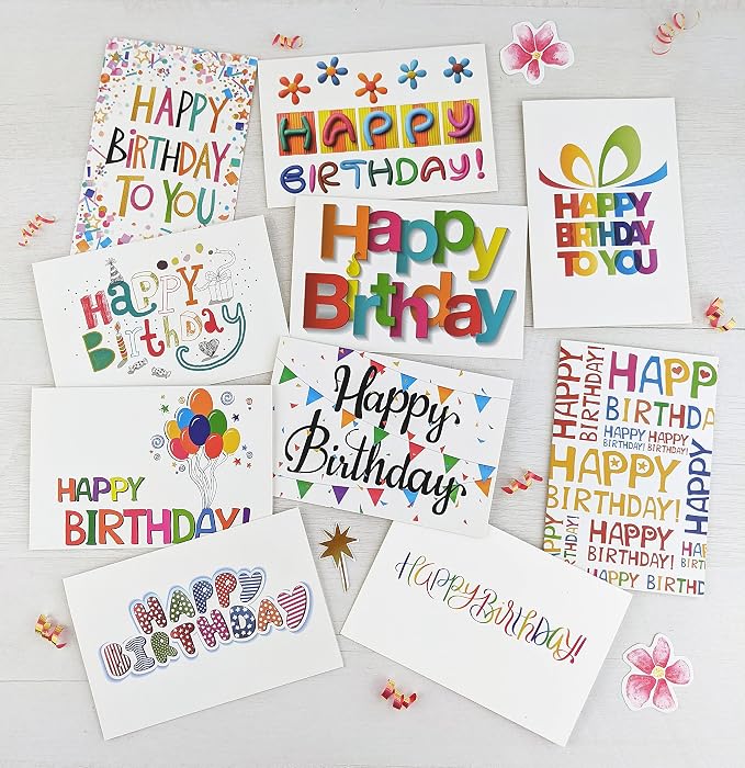100 Happy Birthday Cards Bulk, Blank Inside with Envelopes and Stickers, – 20 Unique Bright Colorful Designs Notes, Large 5x7 Inches Folded, Thick Cardstock in a Sturdy Packaging