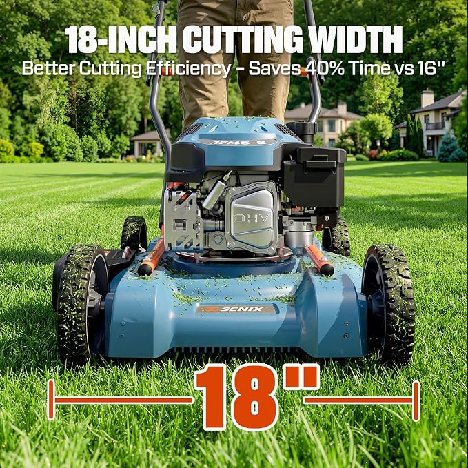 SENIX Gas Lawn Mower, 18" 144 cc Push Mower | Light-weight Design Push Mower,Ergonomically Designed Handle, 4-Cycle Engine, 3 Levels Height Adjustment for 1/4 Acre Yard