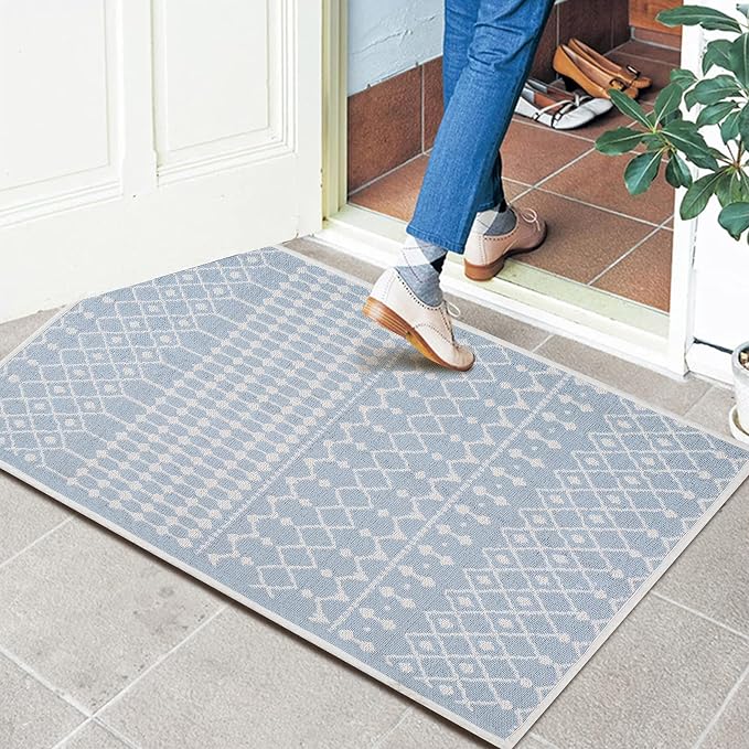 THE BEER VALLEY Moroccan Kitchen Runner Rug 27x45 Inch - Spa Blue | Non Slip Cotton Woven Rugs for Laundry Room, Washable Boho Outdoor Area Runners