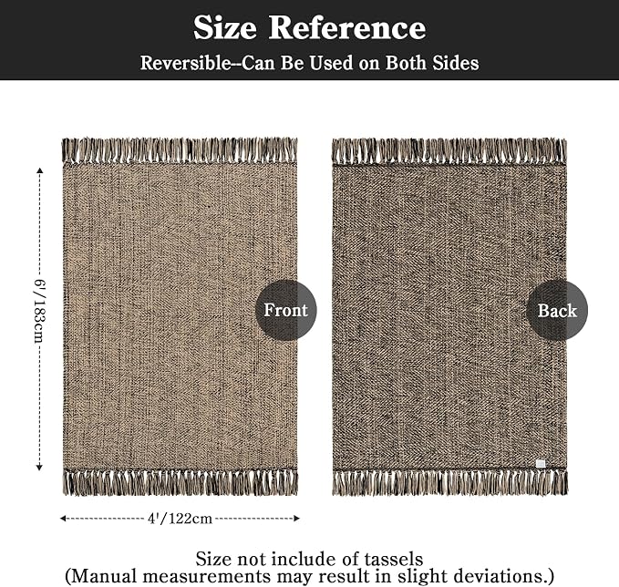 Collive 4' x 6' Bedroom Area Rug, Modern Farmhouse Indoor Outdoor Rugs Boho Living Room Rug, Natural/Black Hand Woven Comfy Bedside Mats Reversible Dining Room Carpet for Nursery Room Patio Decor