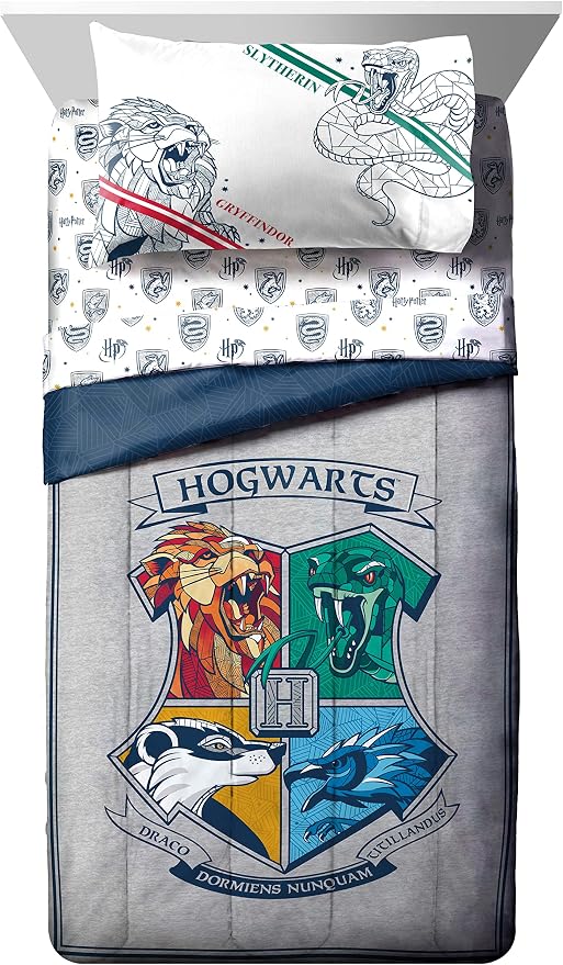 Harry Potter Twin Comforter Set 5 Piece Kids Bedding, Gray | Hogwarts, Bed in a Bag, Comforter Sheets Sham Pillowcase, Official Brand, Soft Microfiber, Machine Washable, Kids Gift