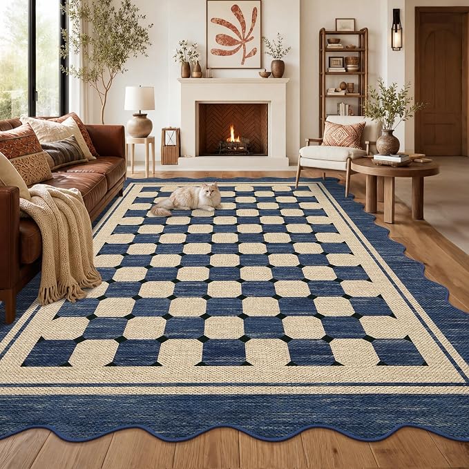 Garvee Easy Jute 9x12 Large Area Rug for Living Room Scalloped Checkered Navy Indoor Outdoor Rugs Non Slip Low Pile Patio Outdoor Rugs Washable Carpet for Porch Bedroom Living Room Backyard, 9'x12'
