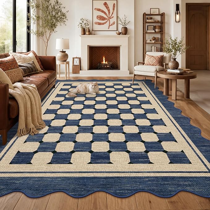 Garvee Easy Jute Checkered 8x10 Area Rug, Washable Scalloped Outdoor Rug for Patio Non-Slip Rugs for Living Room, Neutral Farmhouse Floor Carpet for Bedroom Dining Room Classroom 8'x10' Navy
