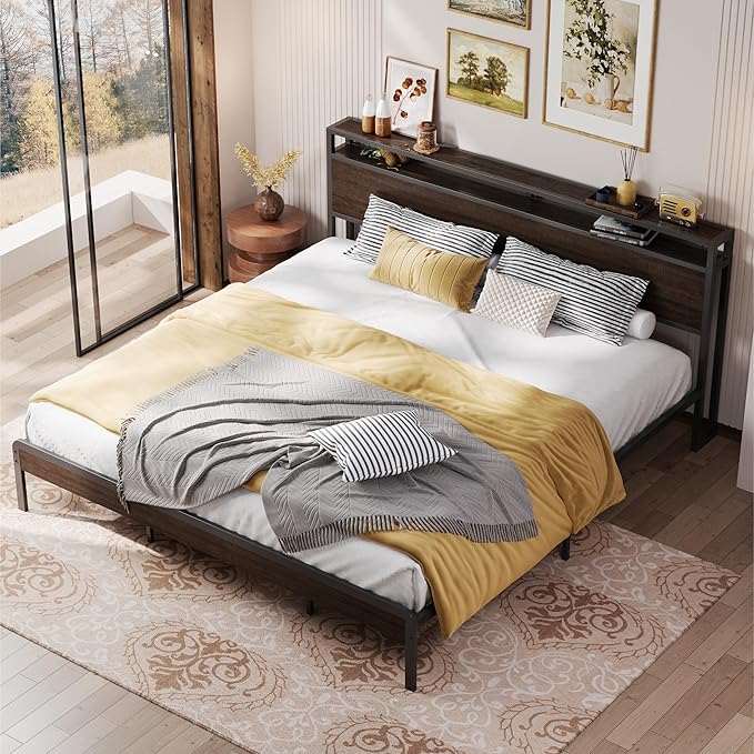 LIKIMIO California King Bed Frames with 2-Tier Storage Shelf Headboard | Dark Wood Platform Bed, Camas California King with Strong Metal Support, Sturdy, Noise-Free, No Box Spring Needed, Dark Brown