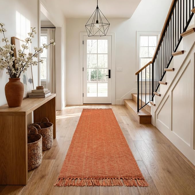 Collive Bathroom Runner Rug, 2.6' x 7' Washable Long Kitchen Mat Modern Farmhouse Entry Hall Carpet, Terracotta Hand Woven Hallway Runner Rug for Laundry Bedroom Fall Decor