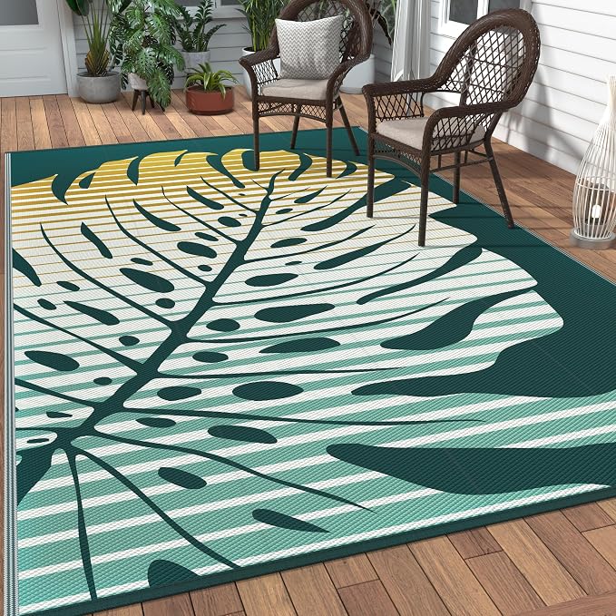 GENIMO Outdoor Rug, Waterproof Plastic Rugs for Patio, 6'x9' Yellow Green | Outside Larger Leaf Carpet Mat for Porch Decor, Deck, Balcony, Camping, RV, Backyard, Picnic, Beach, Reversible, Foldable