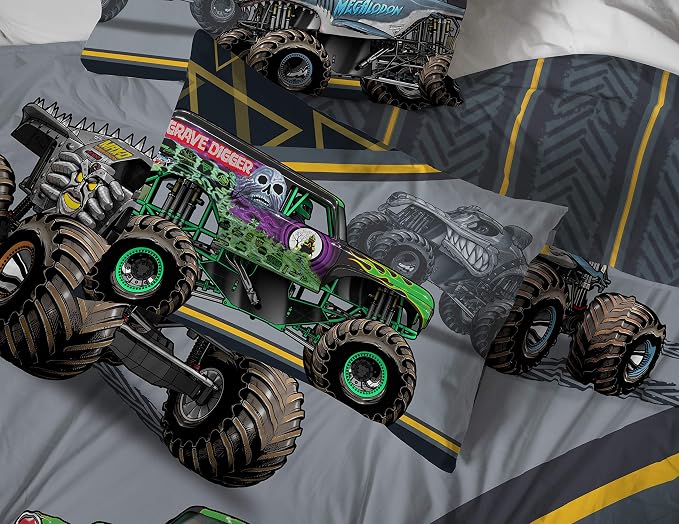 Jay franco Monster Jam MJ Life 5 Piece Full Bed Set-Includes Reversible Comforter&Sheet Set-Bedding Features Grave Digger, Max-D, Megalodon-Super Soft Microfiber-(Official Monster Jam Product) | Grave Digger Megalodon, Bed in a Bag, Comforter Sheets Pi...