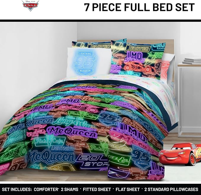 Disney Pixar Cars McQueen Full Size Comforter Set 7 Piece Bedding, Black | Racecar, Kids Bed in a Bag, Comforter Sheets Shams Pillowcases, Official Product, Microfiber, Machine Washable, Boys Gift