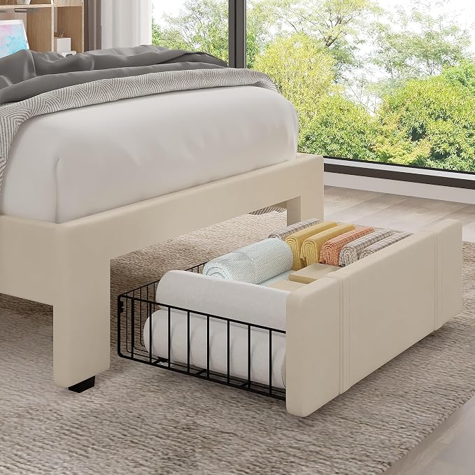 VECELO Twin Size Upholstered Bed Frame with Drawer and Headboard, Velvet Platform Storage Bedframe, Wooden Slats Support, No Box Spring Needed,Bone Beige