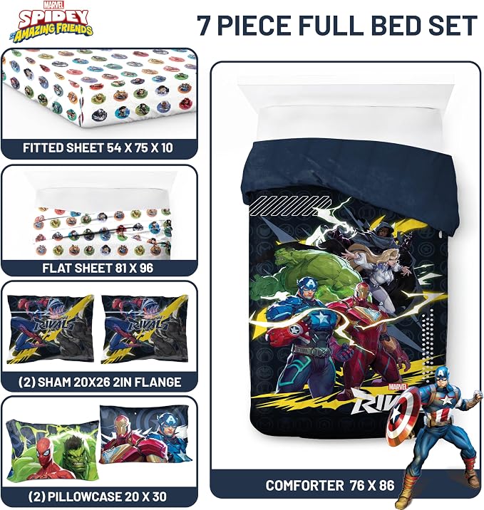 Marvel Rivals Full Size Comforter Set 7 Piece Superhero Bedding, Multi | Avengers, Comforter Sheets Shams Pillowcases, Official Product, Soft Microfiber, Machine Washable, Boys Gift