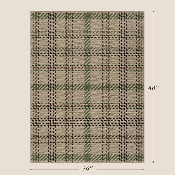3x4 Entryway Door Mat Indoor – Washable Non Slip Small Rug for Front Door, Kitchen Sink, Mudroom, Garage Entry, Low Profile Easy Clean Farmhouse Plaid Floor Mat,Sage Decor