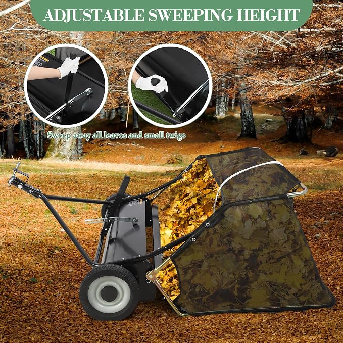 Tow Behind Lawn Sweeper, 48" Pull Behind Collector – Large Capacity Leaf & Grass Collector with Adjustable Height, Dumping Rope Design for Debris and Lawn Clippings
