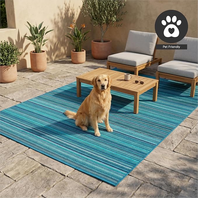 FH Home Outdoor Rug - Waterproof, Fade Resistant, Crease-Free - Premium Recycled Plastic - Striped - Patio, Deck, Porch, Balcony, Laundry Room - Havana - Turquoise Crease Free - 4 x 6 ft