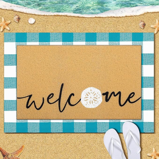 Tinideya 2 Pcs Summer Layering Door Mat, Ocean Seashells Welcome Coir Mats with Non Slip Rug for Front Porch Entryway Decor