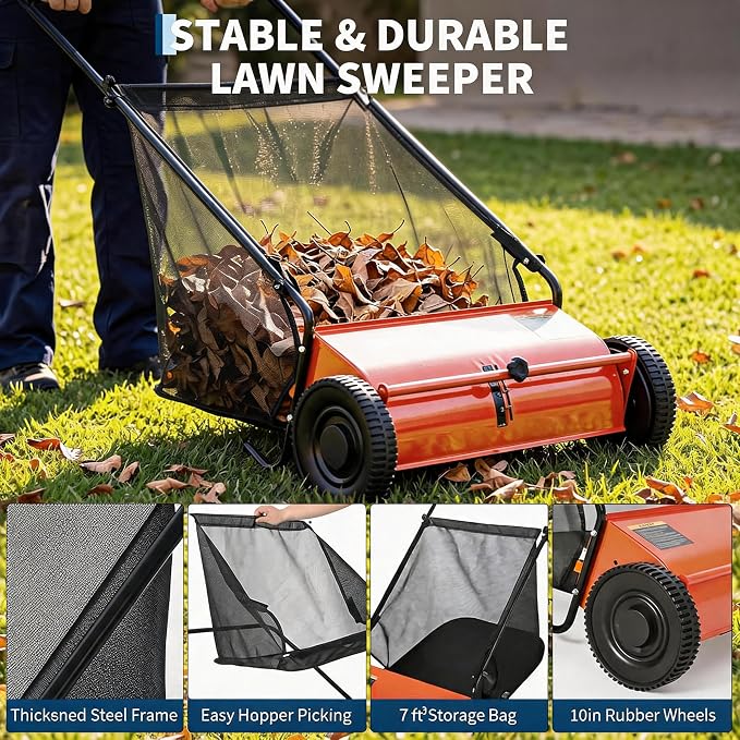 Heavy Duty 26-Inch Push Lawn Sweeper – 4 High-Speed Spinning Brushes | Durable Steel Frame, 7 Cu. Ft. Removable Bag, Walk-Behind Leaf & Grass Collector for Garden, Patio, Driveway, Outdoor –