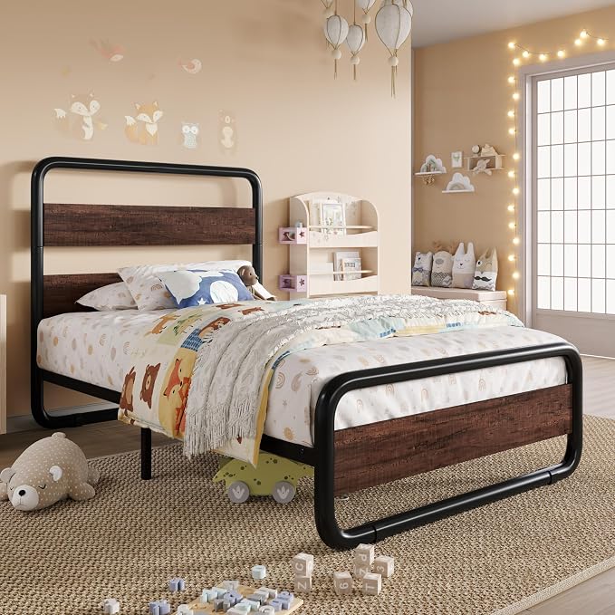 SHA CERLIN Twin Size Metal Bed Frame with Wooden Headboard and Footboard, Heavy Duty Oval-Shaped Platform Bed Frame with 10" Under-Bed Storage, Heavy Duty Slats Support, No Box Spring Needed, Mahogany