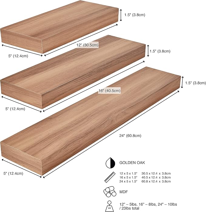 Kiera Grace Stockholm Maine Floating Shelves for Wall, MDF Display Shelves, Easy to Assemble, Ideal for Home Decor, 12"/16"/24" W x 5" D x 1.5" H, Golden Oak, Pack of 3