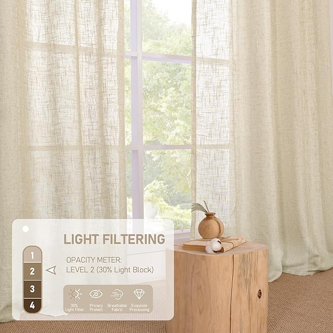 LAMIT Sheer Linen Curtains 63 inches Length for Bedroom, Light Filtering Panels Bronze Grommet Linen Textured Neutral Drapes for Living Room, Linen, 2 Panels, 34 x 63 Inch