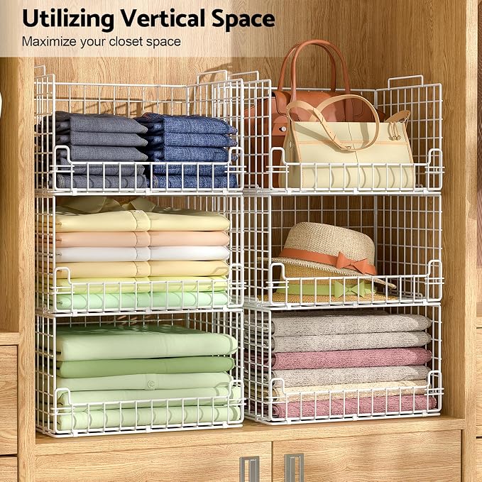 4-Tier Stackable Closet Organizers and Storage Basket - Foldable Closet Shelf Organizer System, Sturdy Metal Space-Saving Clothes Storage Bins for Wardrobe, White