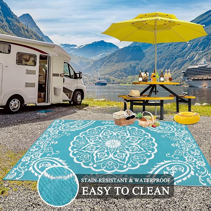 Pauwer Outdoor Rug 5x8, Waterproof Plastic Straw Camping Rug, Boho Teal | Reversible Patio Rug, UV Resistant Indoor Outdoor RV Mat Carpet For Deck, Camper, Porch, Balcony, Backyard, Picnic, Foldable