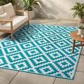 FH Home Outdoor Camping Rug - Waterproof, Fade Resistant, Reversible - Premium Recycled Plastic - Geometric - Large Patio, Deck, Sunroom, RV - Aztec - Teal & White - 9 x 12 ft Foldable