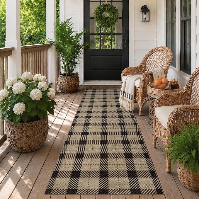 JTJ Easy Jute Hallway Runner Rug 2'6" x 8', Washable Non Slip Indoor Outdoor Low Pile Rug for Entryway, Kitchen & Laundry Room, Farmhouse Plaid Design