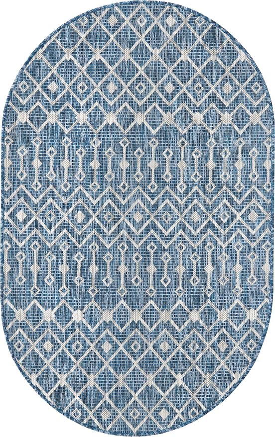 Unique Loom Outdoor Trellis Collection Area Rug - Tribal Trellis (3' 3" x 5' 3" Oval, Blue/ Ivory)