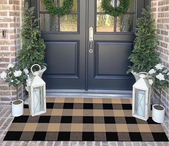 Front Porch Rug 2'X4.3' Tan and Black Spring Outdoor Porch Rug Cotton Woven Washable Door Mats Outdoor for Welcome Hello Layered/Entrance/Bedroom/Living Room