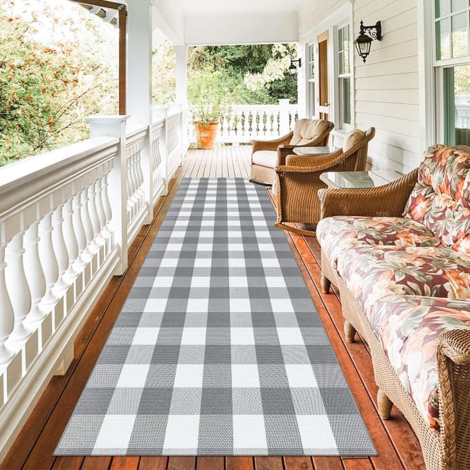 Buffalo Plaid Runner Rug 3x10 Feet Grey and White Checkered Runner Rug Cotton Woven Farmhouse Floor Mat Washable Rugs for Hallway Kitchen Laundry Bedroom Living Room