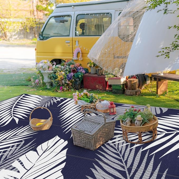 GENIMO Outdoor Rug, Waterproof Plastic Rugs 10'x14' for Camping Blue White | Outside Larger Leaf Carpet Mat for Porch Decor, Deck, Camping, RV, Backyard, Balcony, Picnic, Beach, Reversible, Foldable