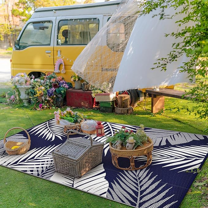 GENIMO Outdoor Rug, Waterproof Plastic Rugs for Patio, 8'x10' Blue White | Outside Larger Leaf Carpet Mat for Porch Decor, Deck, Balcony, Camping, RV, Backyard, Picnic, Beach, Reversible, Foldable