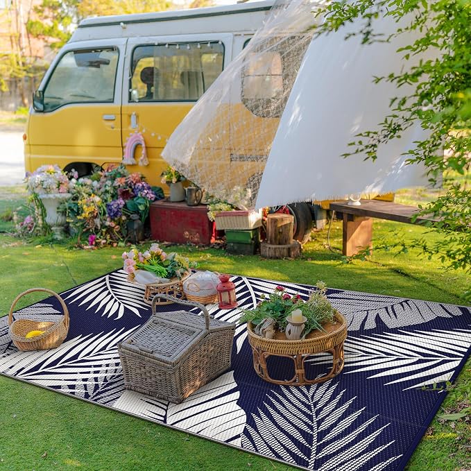 GENIMO Outdoor Rug 5' x 8' Waterproof for Patios Clearance, Reversible Outdoor Plastic Straw Camping Rug Carpet, Large Area Rugs Mats for RV, Picnic, Backyard, Deck, Balcony, Porch, Beach, Blue&White | Outside Larger Leaf Carpet Mat for Porch Decor, De...