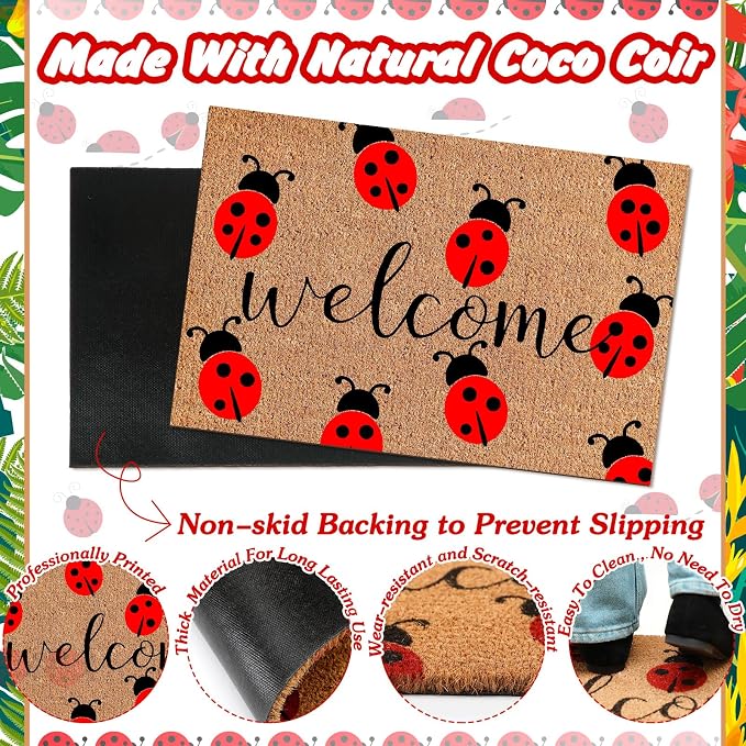 Ceenna Summer Ladybug Welcome Doormat Outdoor Ladybug Coir Rug with Non Slip Backing Summer Doormat Front Porch Rugs for Home Entrance Anniversary, 16 x 28 Inches