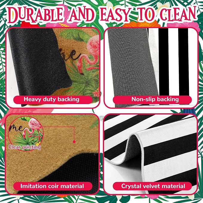 Fourluoo 2 Piece Summer Door Mat Combo Set 100% Coco Coir Tropical Flamingo Welcome Mat and 28 x 40 Inch Black White Striped Rug Layering Front Door Rug for Entrance Front Porch Outdoor Decor Gifts