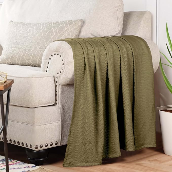 Superior Metro All-Season Cotton Blanket, Woven Blanket for Couch, Bed, Bedding, Farmhouse, Home Essentials, Cute and Cozy Bohemian Blankets, Herringbone Weave, Full/Queen, Sage