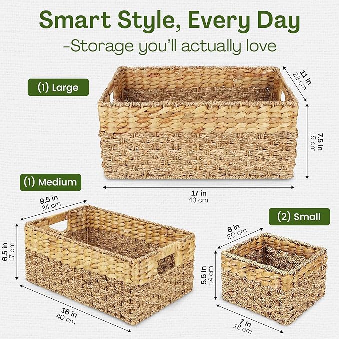 Wicker Storage Basket for Shelves, Set of 4 | Natural Seagrass and Hyacinth, Nesting, Woven Storage Baskets for Organizing Living Room, Shelves, Pantry, Rectangle, Rattan