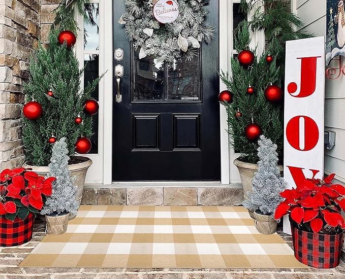 Front Door Mat Outdoor Entrance 27.5''x 43.3''Checkered Porch Rug Cotton Washable Farmhouse Layered Doormat for Indoor/Outdoor, Kitchen, Entryway,Bathroom