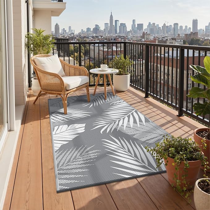 GENIMO Outdoor Rug 3'x5' Waterproof for Porch, Plastic Door Mat Grey White | Outside Leaf Carpet for Patio Decor, Balcony, Deck, Backyard, Picnic, Camping, RV, Reversible, Foldable, Lightweight