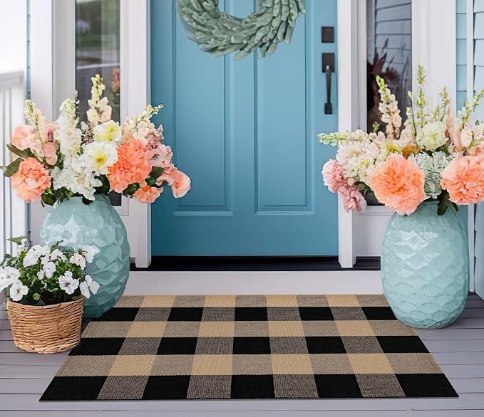 Spring Layered Doormat 24''X35''Buffalo Checkered Outdoor Rug Cotton Woven Washable Farmhouse Entryway Rug for Welcome Mat Front Porch Bedroom Living Room