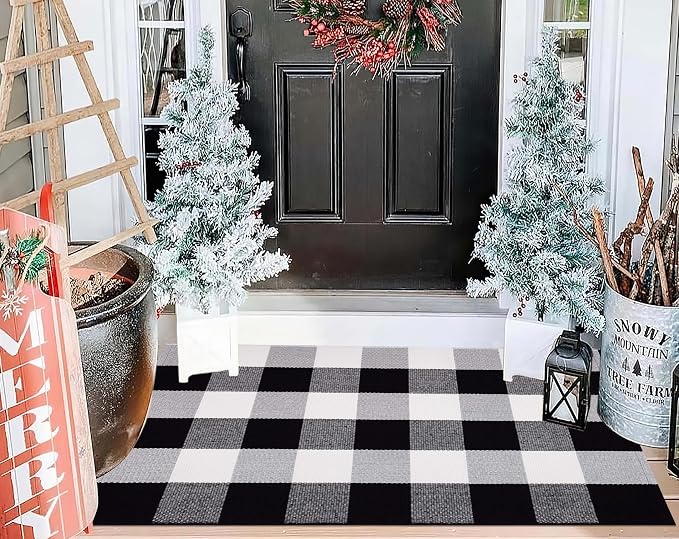 Buffalo Plaid Door Mats Outdoor 24''X35'' Black and White Layered Doormat Cotton Woven Washable Halloween Porch Mat for Welcome Door Mat Entryway Bedroom Living Room
