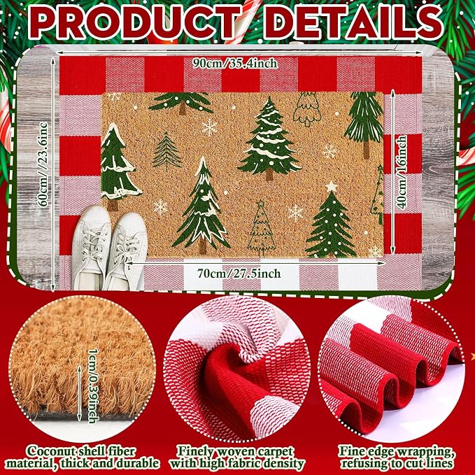 Moucuny 2 Pcs Christmas Coir Doormat Outdoor, Non Slip | Christmas Tree Welcome Coir Door Outdoor Red White Plaid Rug Front Door Porch Entryway Decor, 24'' x 35'', 16'' x 28''