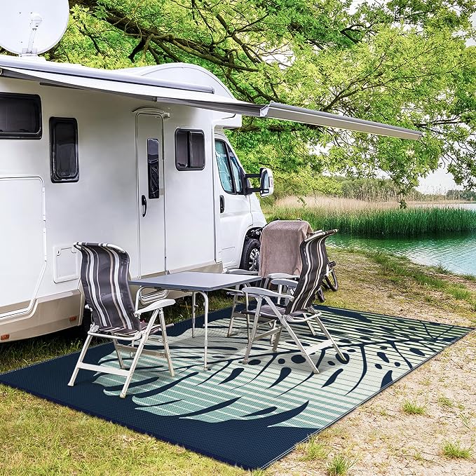 GENIMO Outdoor Rug, Waterproof Plastic Rugs for Patio, 6'x9' Sea Green | Outside Larger Leaf Carpet Mat for Porch Decor, Deck, Balcony, Camping, RV, Backyard, Picnic, Beach, Reversible, Foldable