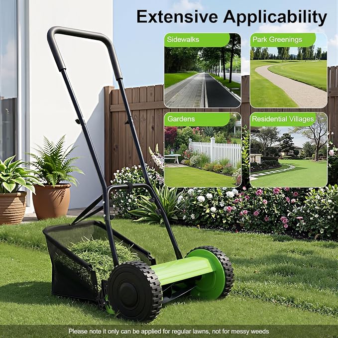 12in 5-Blade Push Reel Lawn Mower Manual Lawn Mower, Walk-Behind Lawn Mower with 6 Gallons Grass Catcher, 0.47-1.77 inches Manual Adjustable Cutting Height, for a Green Healthy Lawn (Green, 12in)
