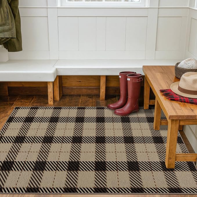 JTJ Outdoor Rug 3x5 for Front Porch, Washable Easy Jute Indoor Outdoor Rug, Non Slip Entryway Area Rug for Patio, Kitchen, Balcony, Farmhouse Black & Tan Plaid Rug