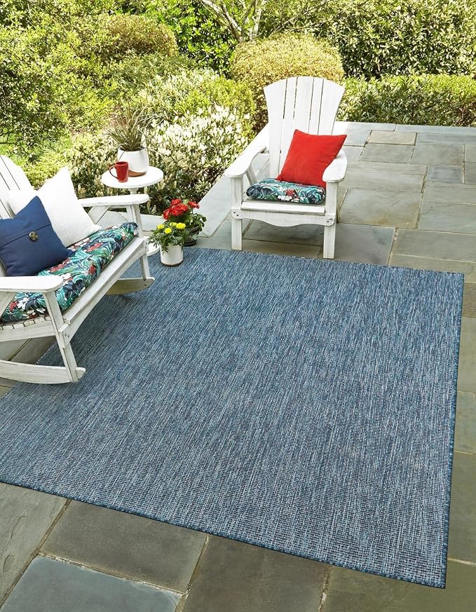 Unique Loom Outdoor Solid Collection Area Rug (10' Square Blue/Navy Blue) | Modern Solid rug, stain and water resistant, doesn't shed, easy to clean, kid and pet friendly, indoor/outdoor, flatweave.