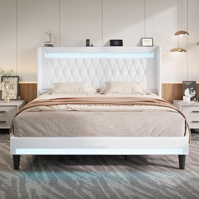 Allewie King Size Upholstered Bed Frame with LED & Charging Station, White | Customizable LED lights, charging station, tufted wingback headboard, noise-reducing support, and no box spring needed.